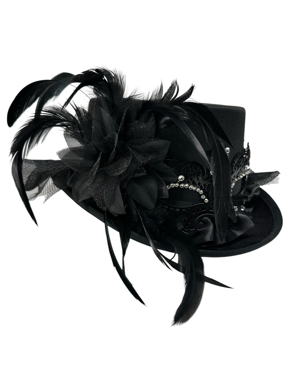 TOP HAT / Black Feather Masquerade Mask / 8 1/4” x 6 3/4” / Goth Retro Retro